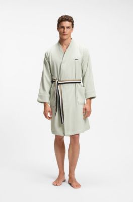 Ochtendjas van katoen met riem met de signature-stripe, Kalk
