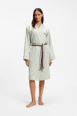 Cotton dressing gown with signature-stripe belt, Light Green