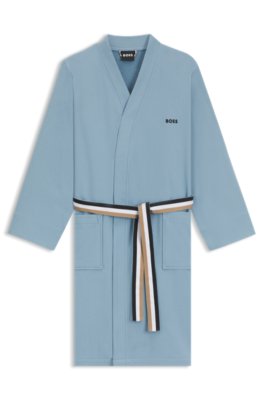Cotton dressing gown with signature-stripe belt