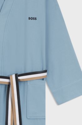 Cotton dressing gown with signature-stripe belt, Light Blue