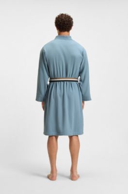 Cotton dressing gown with signature-stripe belt, Light Blue