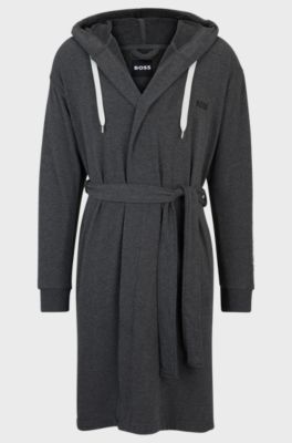 Charcoal hooded dressing gown with logo-print sleeves, Dark Grey