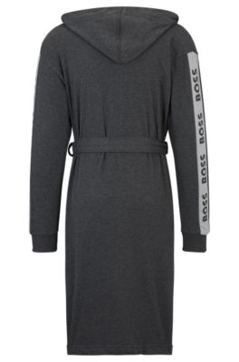 Charcoal hooded dressing gown with logo-print sleeves, Dark Grey