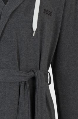Charcoal hooded dressing gown with logo-print sleeves, Dark Grey