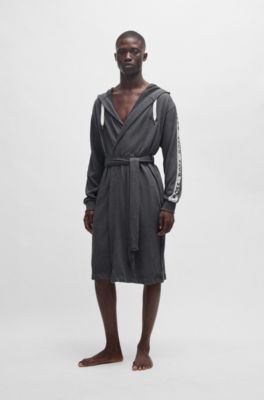 Charcoal hooded dressing gown with logo-print sleeves, Dark Grey