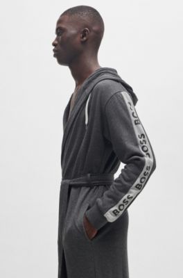 Charcoal hooded dressing gown with logo-print sleeves, Dark Grey