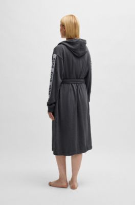 Charcoal hooded dressing gown with logo-print sleeves, Dark Grey