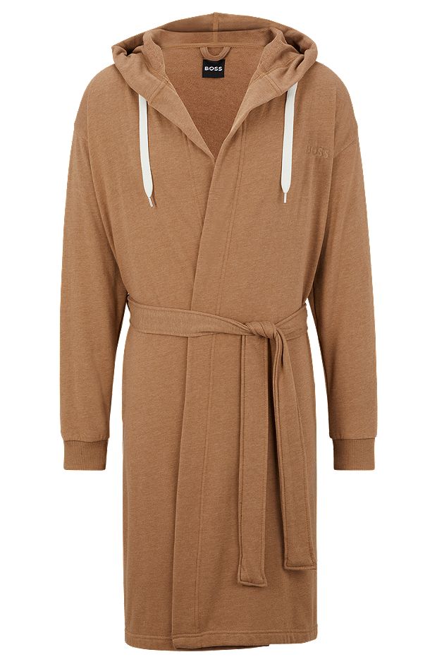 Hooded dressing gown with logo-print sleeves, Beige