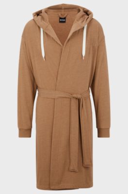 Hooded dressing gown with logo-print sleeves, Beige