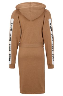 Hooded dressing gown with logo-print sleeves, Beige