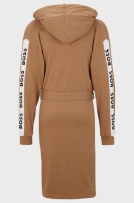 Hooded dressing gown with logo-print sleeves, Beige