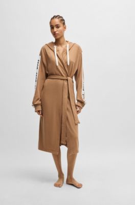 Hooded dressing gown with logo-print sleeves, Beige