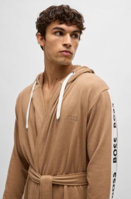 Hooded dressing gown with logo-print sleeves, Beige
