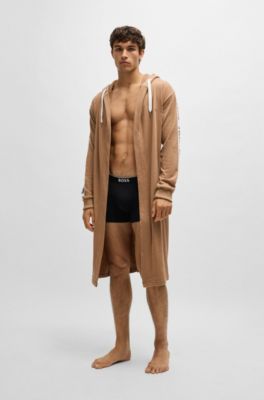 Hooded dressing gown with logo-print sleeves, Beige
