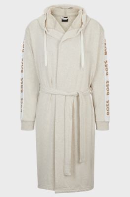 Hooded dressing gown with logo-print sleeves, Light Beige