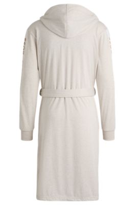 Morgenmantel mit Kapuze und Logo-Print an den &Auml;rmeln, Hellbeige