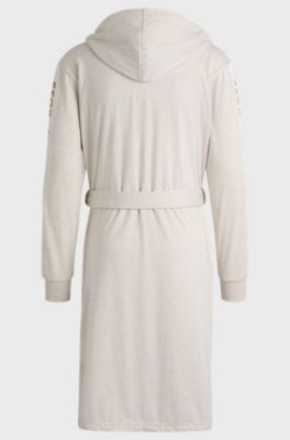 Hooded dressing gown with logo-print sleeves, Light Beige