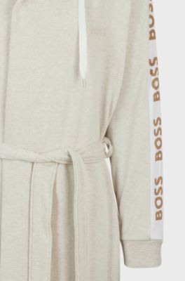 Hooded dressing gown with logo-print sleeves, Light Beige