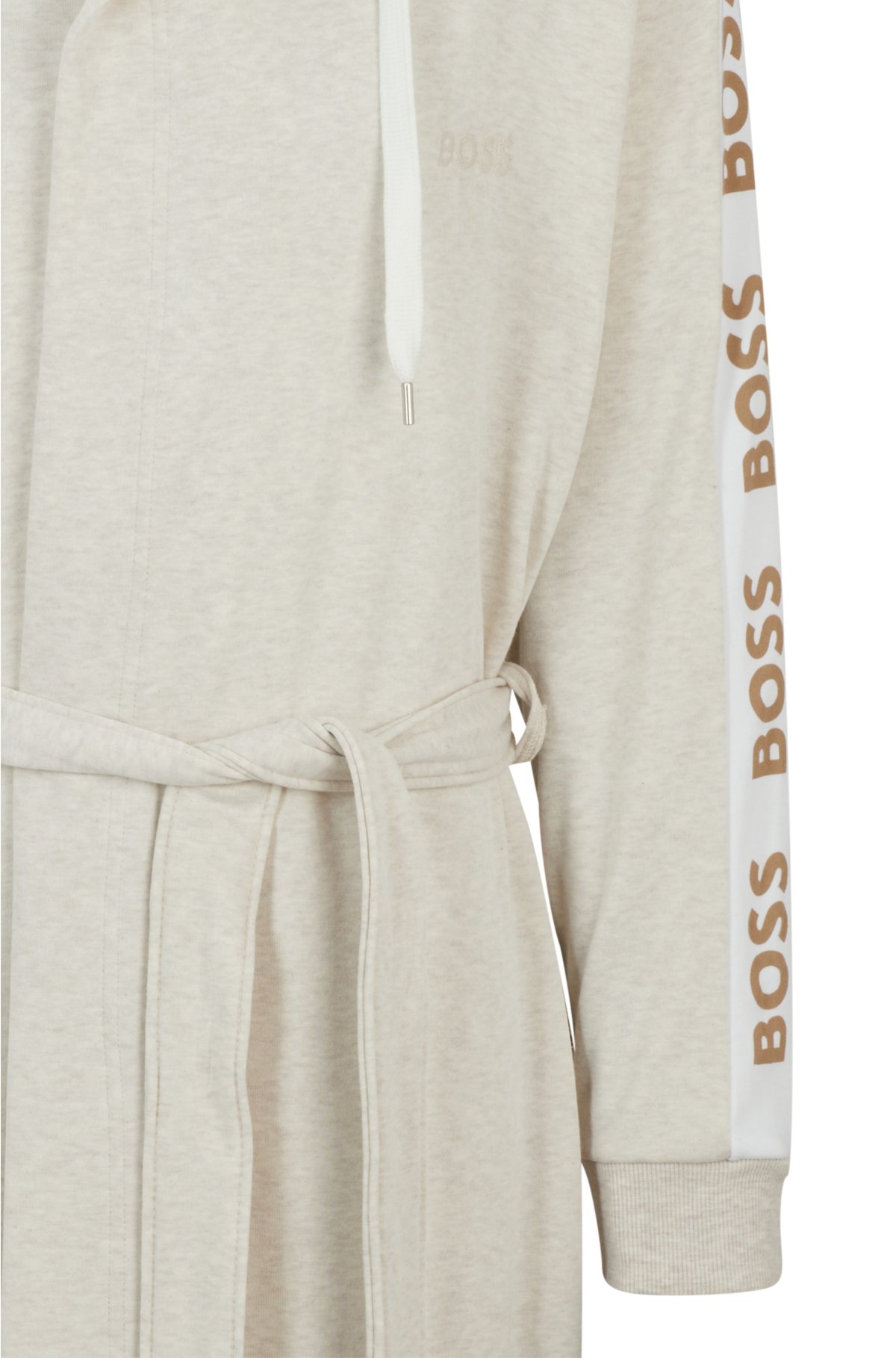 Hooded dressing gown with logo-print sleeves, Light Beige