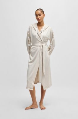 Hooded dressing gown with logo-print sleeves, Light Beige