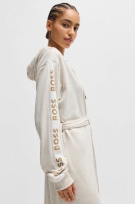 Hooded dressing gown with logo-print sleeves, Light Beige