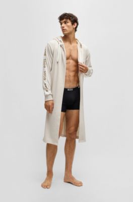 Hooded dressing gown with logo-print sleeves, Light Beige