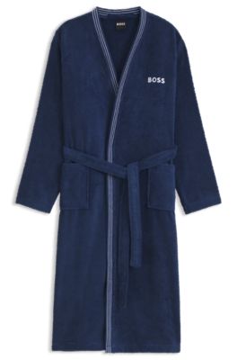 Cotton dressing gown with embroidered logo, Dark Blue
