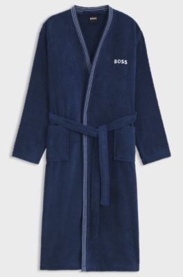 Cotton dressing gown with embroidered logo, Dark Blue