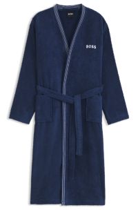 Cotton dressing gown with embroidered logo, Dark Blue