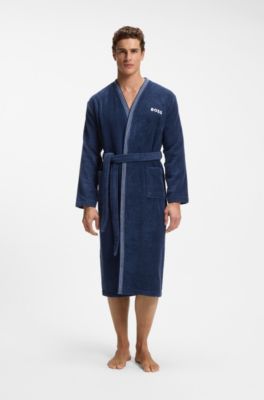 Cotton dressing gown with embroidered logo, Dark Blue