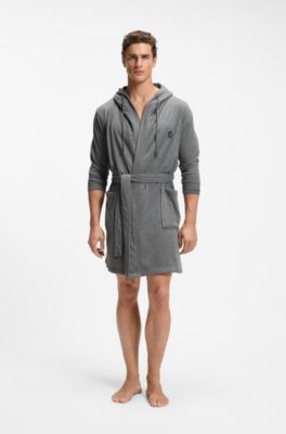 Hooded bathrobe in cotton jersey with Double B monogram, Grey