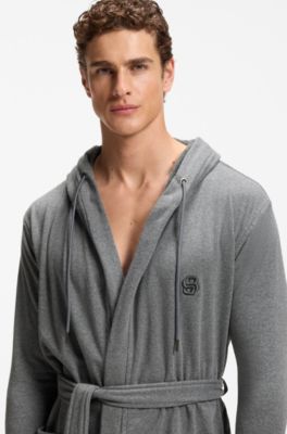 Hooded bathrobe in cotton jersey with Double B monogram, Grey