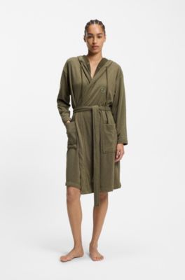 Hooded bathrobe in cotton jersey with Double B monogram, Khaki