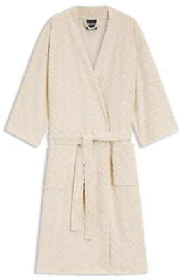 Cotton-blend dressing gown with sculpted monogram pattern, Light Beige