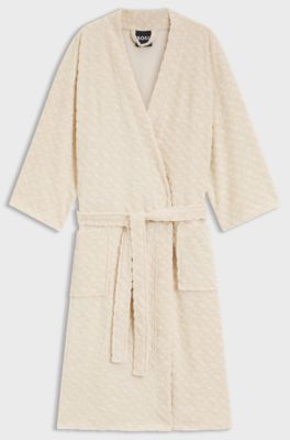 Cotton-blend dressing gown with sculpted monogram pattern, Lichtbeige