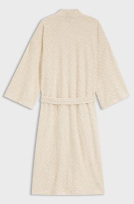 Cotton-blend dressing gown with sculpted monogram pattern, Lichtbeige