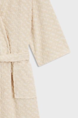 Cotton-blend dressing gown with sculpted monogram pattern, Light Beige