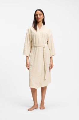 Cotton-blend dressing gown with sculpted monogram pattern, Light Beige
