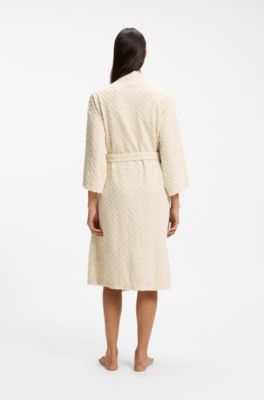 Cotton-blend dressing gown with sculpted monogram pattern, Light Beige