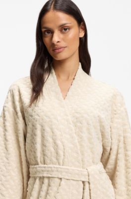 Cotton-blend dressing gown with sculpted monogram pattern, Light Beige