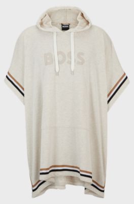 Hooded beach poncho with logo and signature stripes, Light Beige