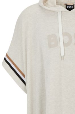 Hooded beach poncho with logo and signature stripes, Light Beige