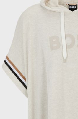 Hooded beach poncho with logo and signature stripes, Light Beige