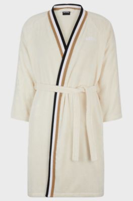 Cotton jacquard dressing gown with signature-stripe trim, Light Beige