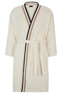 Cotton jacquard dressing gown with signature-stripe trim, Light Beige