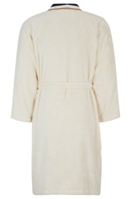 Cotton jacquard dressing gown with signature-stripe trim, Light Beige
