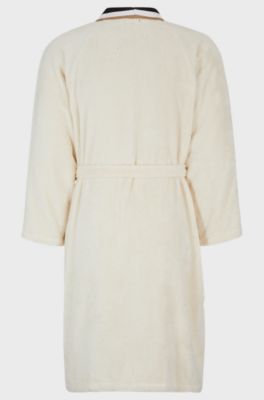 Cotton jacquard dressing gown with signature-stripe trim, Light Beige