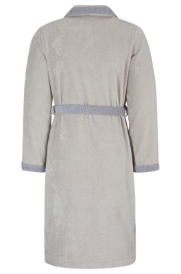 Cotton-velvet dressing gown with embroidered logo, Light Beige