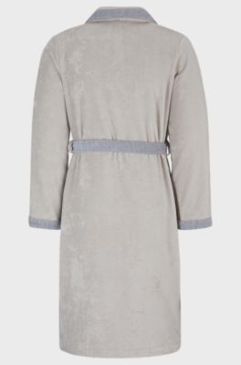 Cotton-velvet dressing gown with embroidered logo, Light Beige