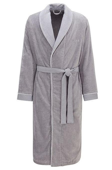 Unisex cotton-velvet dressing gown with contrast trims, Grey